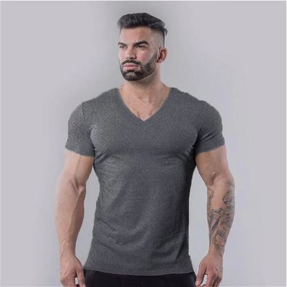 Brand Summer Cotton T-shirt Men V-neck Fashion Design Slim Fit Soild Sports T-shirts Male Tops Tees Short Sleeve T Shirt For Men