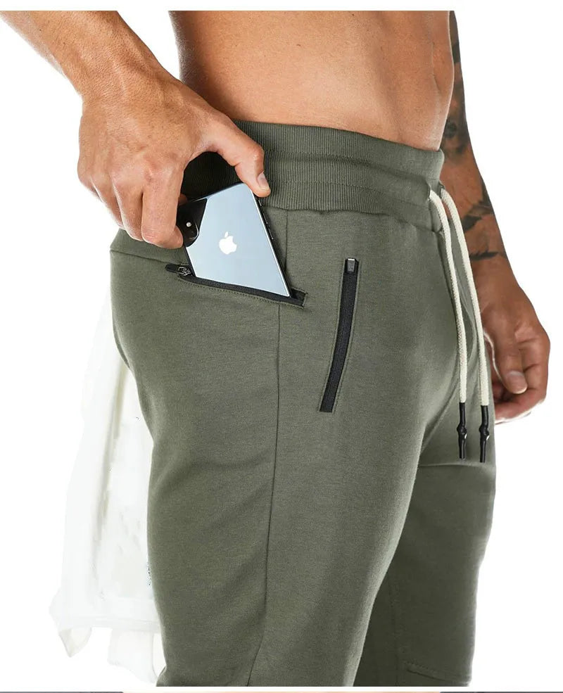 New Cotton Men Sweatpants with Towel Rack and Cell Phone Pocket Running Tights Pants Men Sporting Leggings Workout Pants
