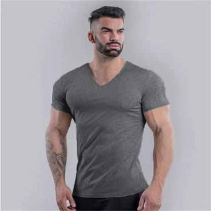 Brand Summer Cotton T-shirt Men V-neck Fashion Design Slim Fit Soild Sports T-shirts Male Tops Tees Short Sleeve T Shirt For Men