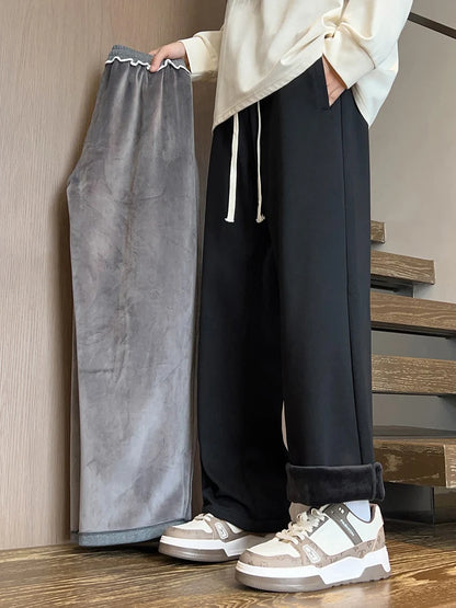 Winter Men's Pants Wide Leg 75%Cotton Fabric Adding Velvet Inside Straight  Outdoor Solid Color Sweatpants Long Baggy Trousers