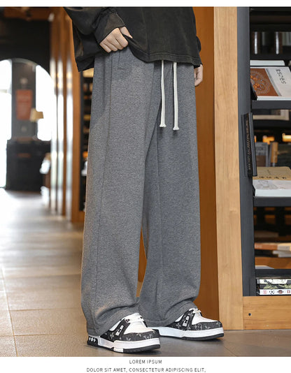 Winter Men's Pants Wide Leg 75%Cotton Fabric Adding Velvet Inside Straight  Outdoor Solid Color Sweatpants Long Baggy Trousers