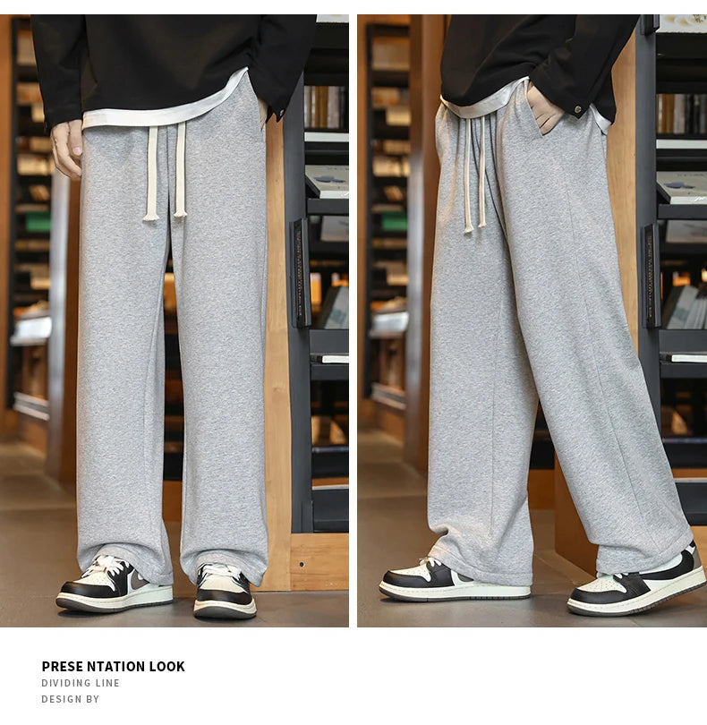Winter Men's Pants Wide Leg 75%Cotton Fabric Adding Velvet Inside Straight  Outdoor Solid Color Sweatpants Long Baggy Trousers