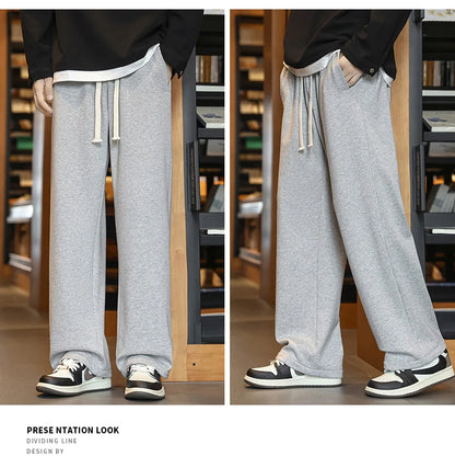 Winter Men's Pants Wide Leg 75%Cotton Fabric Adding Velvet Inside Straight  Outdoor Solid Color Sweatpants Long Baggy Trousers