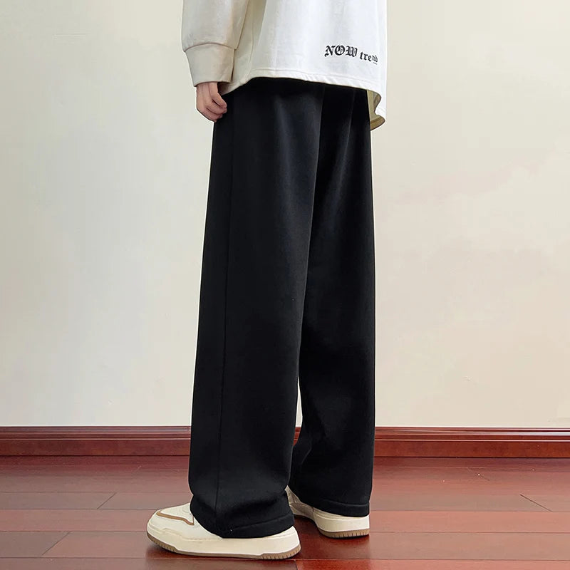 Winter Men's Pants Wide Leg 75%Cotton Fabric Adding Velvet Inside Straight  Outdoor Solid Color Sweatpants Long Baggy Trousers