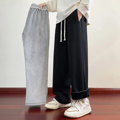 Winter Men's Pants Wide Leg 75%Cotton Fabric Adding Velvet Inside Straight  Outdoor Solid Color Sweatpants Long Baggy Trousers