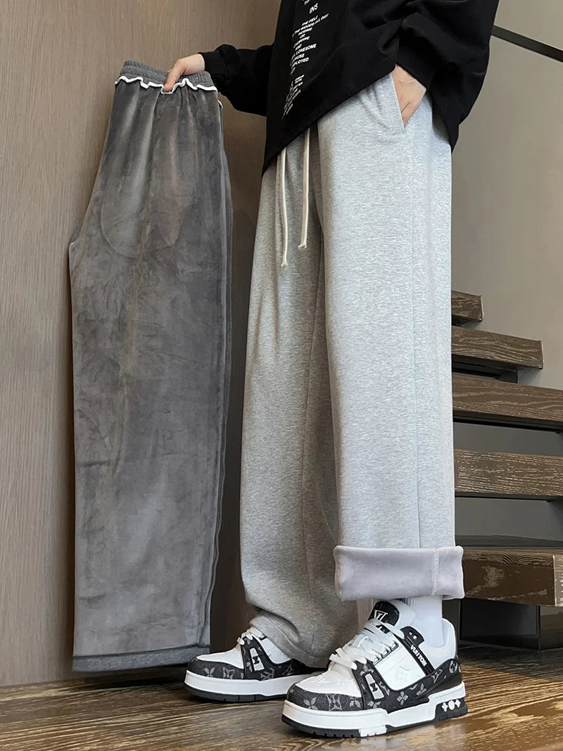 Winter Men's Pants Wide Leg 75%Cotton Fabric Adding Velvet Inside Straight  Outdoor Solid Color Sweatpants Long Baggy Trousers