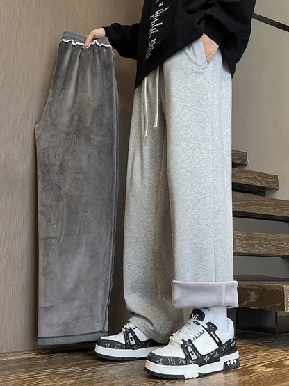 Winter Men's Pants Wide Leg 75%Cotton Fabric Adding Velvet Inside Straight  Outdoor Solid Color Sweatpants Long Baggy Trousers
