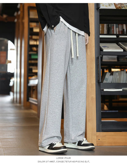 Winter Men's Pants Wide Leg 75%Cotton Fabric Adding Velvet Inside Straight  Outdoor Solid Color Sweatpants Long Baggy Trousers