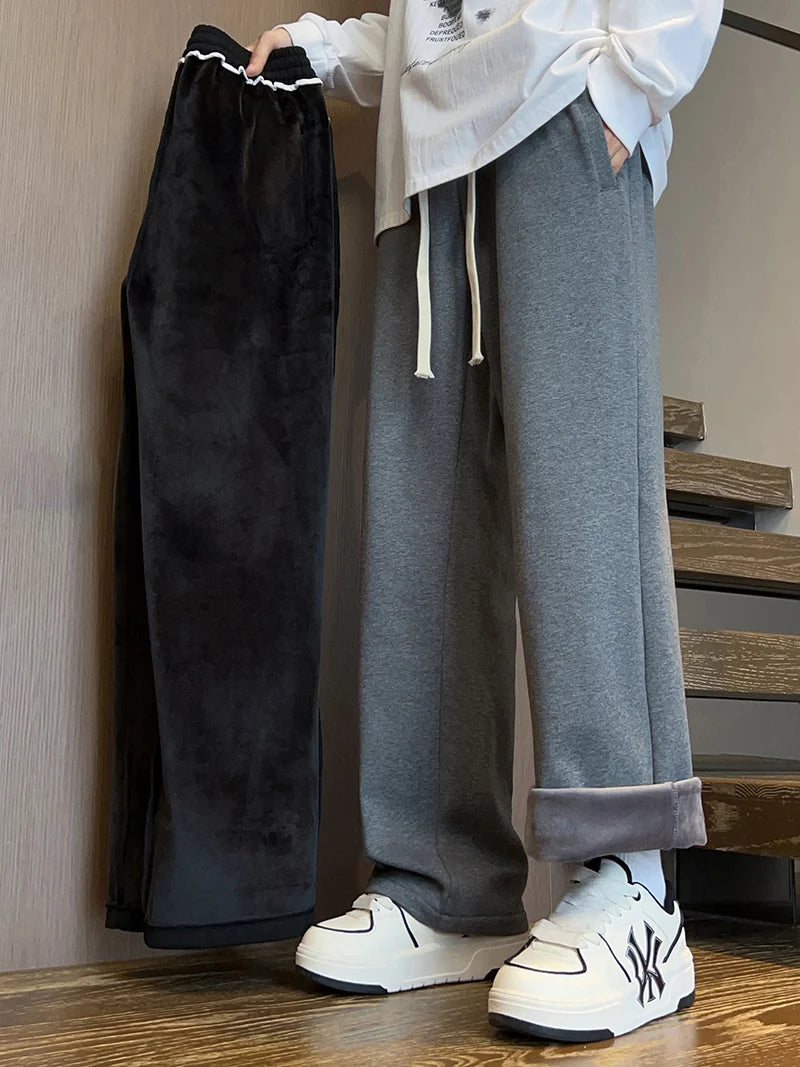 Winter Men's Pants Wide Leg 75%Cotton Fabric Adding Velvet Inside Straight  Outdoor Solid Color Sweatpants Long Baggy Trousers