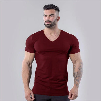 Brand Summer Cotton T-shirt Men V-neck Fashion Design Slim Fit Soild Sports T-shirts Male Tops Tees Short Sleeve T Shirt For Men