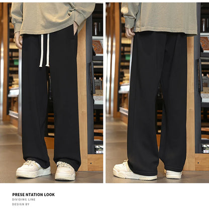 Winter Men's Pants Wide Leg 75%Cotton Fabric Adding Velvet Inside Straight  Outdoor Solid Color Sweatpants Long Baggy Trousers