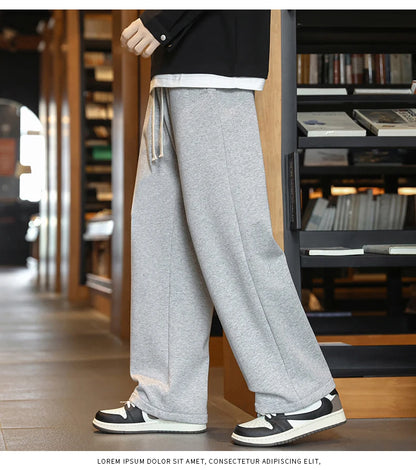 Winter Men's Pants Wide Leg 75%Cotton Fabric Adding Velvet Inside Straight  Outdoor Solid Color Sweatpants Long Baggy Trousers