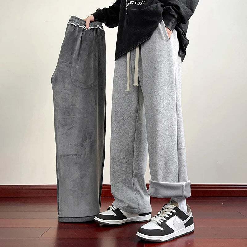 Winter Men's Pants Wide Leg 75%Cotton Fabric Adding Velvet Inside Straight  Outdoor Solid Color Sweatpants Long Baggy Trousers