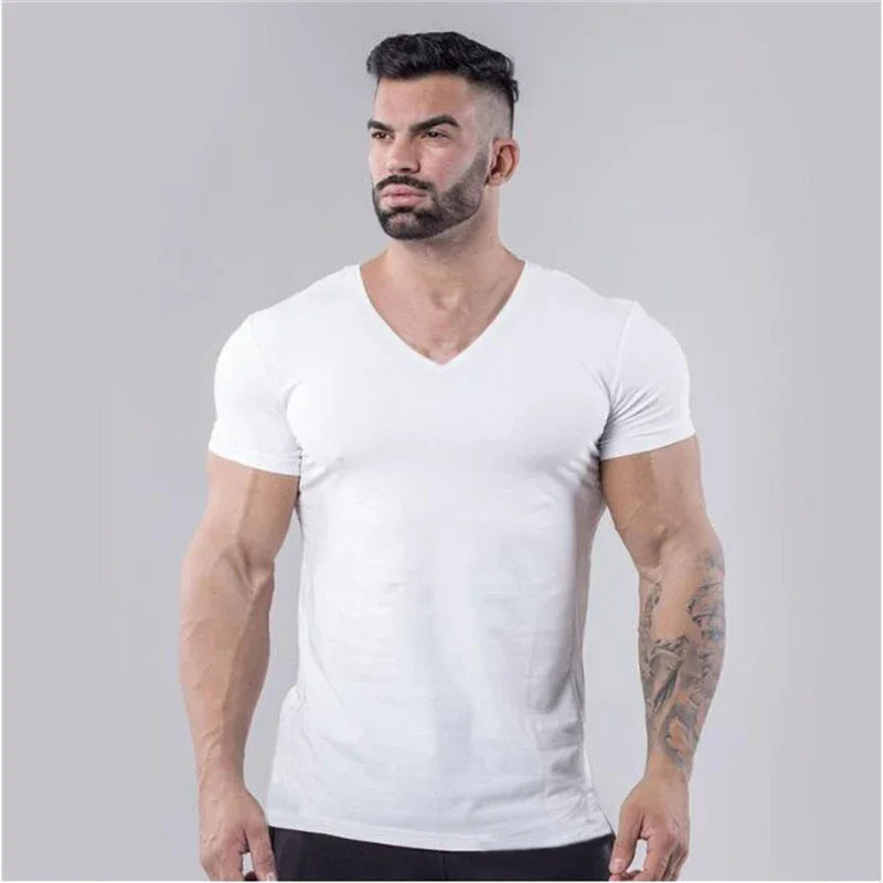 Brand Summer Cotton T-shirt Men V-neck Fashion Design Slim Fit Soild Sports T-shirts Male Tops Tees Short Sleeve T Shirt For Men