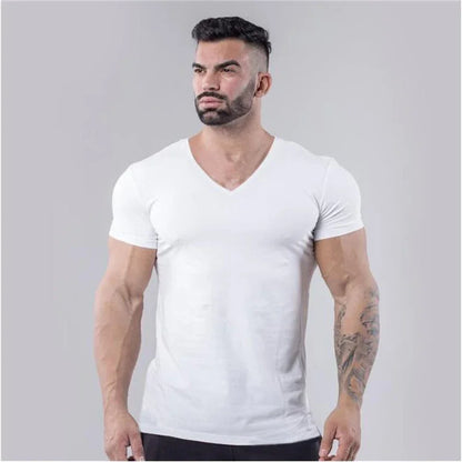 Brand Summer Cotton T-shirt Men V-neck Fashion Design Slim Fit Soild Sports T-shirts Male Tops Tees Short Sleeve T Shirt For Men