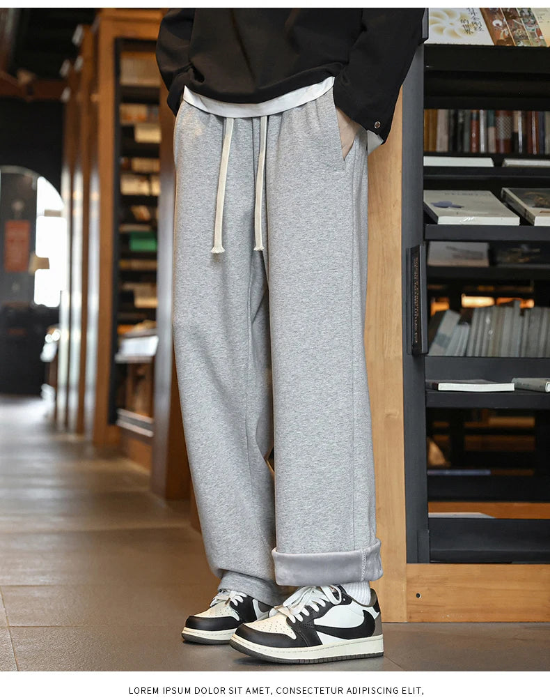 Winter Men's Pants Wide Leg 75%Cotton Fabric Adding Velvet Inside Straight  Outdoor Solid Color Sweatpants Long Baggy Trousers