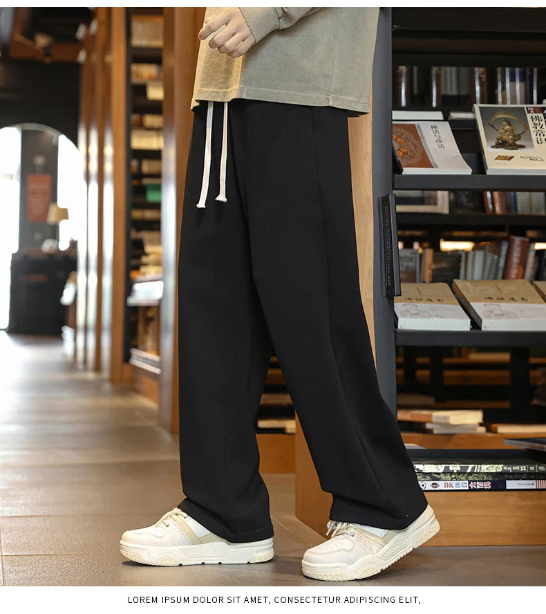 Winter Men's Pants Wide Leg 75%Cotton Fabric Adding Velvet Inside Straight  Outdoor Solid Color Sweatpants Long Baggy Trousers