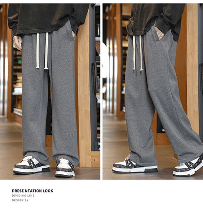 Winter Men's Pants Wide Leg 75%Cotton Fabric Adding Velvet Inside Straight  Outdoor Solid Color Sweatpants Long Baggy Trousers